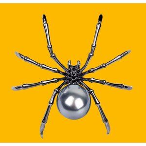 Spider Brooch Black Metal Finish Grey Faux Pearl Fashion Halloween Pin Spooky